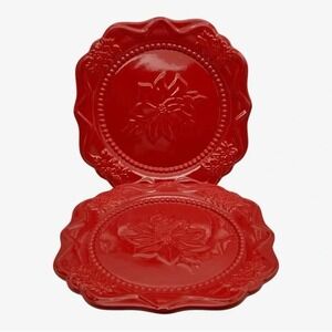 2 ROSCHER Poinsettia Red Dessert Salad Plates 8.5" Square Holiday Christmas
